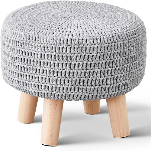 Miniatura 10 de Wimarsbon Puf otomano, taburete bohemio de punto 100% algodón, reposapiés redondo con patas de madera antideslizantes, decoración del hogar, puf