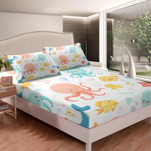 Miniatura 2 de Erosebridal Juego de sábanas bajeras de pulpo oceánico, tamaño individual, juego de ropa de cama temática de playa costera, decoración náutica