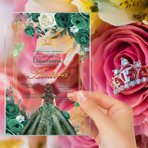 Miniatura 2 de Avior Invitación de quinceañera Vestido verde esmeralda Invitación de vidrio acrílico, Mis Membrillo, Dulce 15, Dulce 16, Diseño floral, xv anos, 15