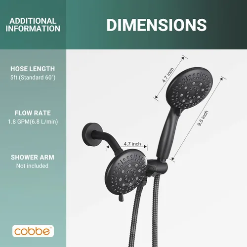 Miniatura 7 de Cobbe Combo de cabezal de ducha doble, sistema de ahorro de agua 2 en 1 con manguera de acero inoxidable de 59 pulgadas, lluvia de 1.8 GPM y Negro