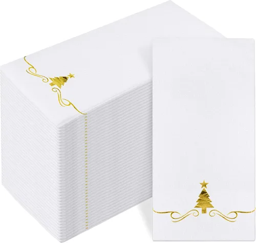 Miniatura 8 de 100 paquete de servilletas desechables de Navidad para invitados 12 x 17 pulgadas Árboles de Navidad de papel de aluminio plateado Toallas de mano