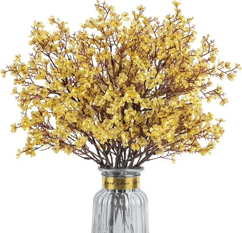 Miniatura 15 de 8 piezas flores artificiales de aliento de bebé, flores de seda amarillas de tacto real, flores falsas para jarrón, hogar, oficina, boda, Navidad