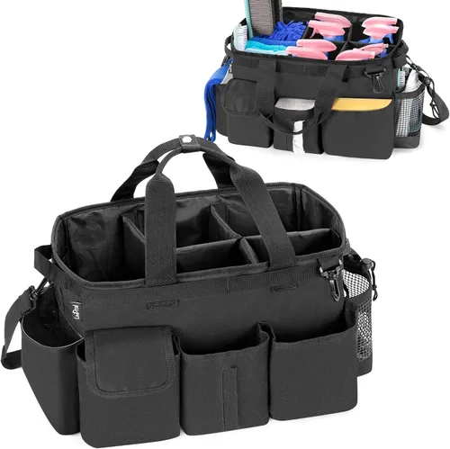 LoDrid Bolsa grande de limpieza con divisor desmontable, bolsa de suministros de limpieza con asas, organizador con correa ajustable para el hombro