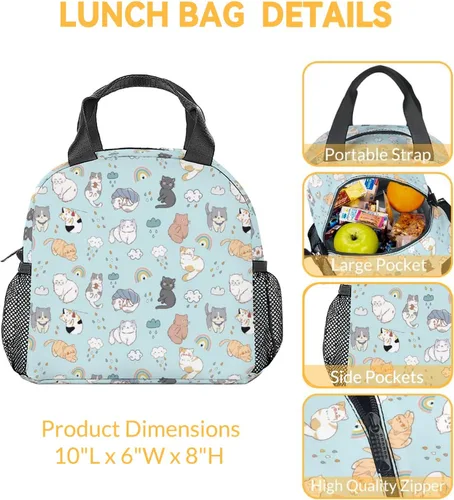 Miniatura 3 de Lonchera para gatos y adolescentes, lonchera aislada para niñas, bonita lonchera azul con bolsillos, bolsa de almuerzo reutilizable mediana