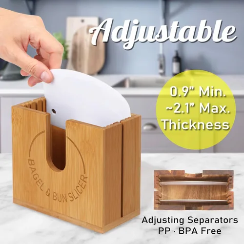 Miniatura 3 de Soporte grande ajustable para cortar bagel Soporte de corte de bagel de bambú con ranuras ajustables de ancho para bagels pequeños y grandes