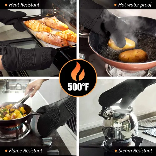 Miniatura 5 de Rorecay Juego de 6 manoplas y soportes para ollas, guantes de horno resistentes al calor de 500 grados, extra largos y antideslizantes de silicona