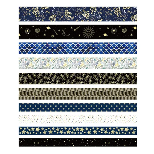 Miniatura 3 de Juego de cintas washi creativas 10 rollos de papel de aluminio dorado con estampado decorativo para manualidades, bricolaje, diarios, Mashup negro