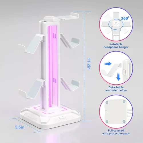 Miniatura 6 de KDD RGB Headset Stand with 9 Light Modes - Controller Holder for Desk - Rotatable Headphone Stand & Detachable Controller Hook for PC Earphone Blanco