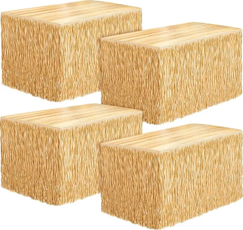 Miniatura 13 de Fovths 1 paquete de falda de mesa de hierba Luau con flecos de papel, falda de paja oscura de 108 x 30 pulgadas, faldas de mesa hawaianas