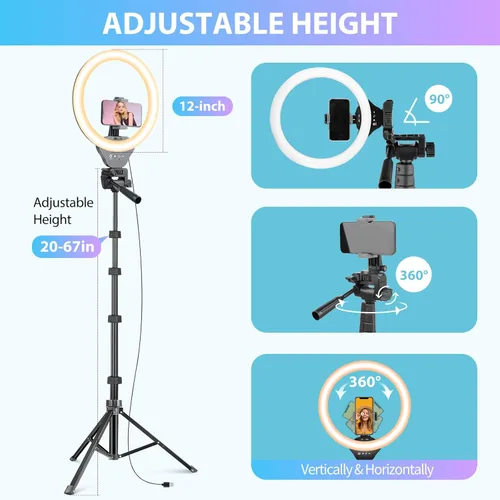 Miniatura 10 de Sensyne Anillo de luz de 12 pulgadas con palo selfie de 67 pulgadas, trípode y soporte para teléfono, control remoto selfie de luz circular
