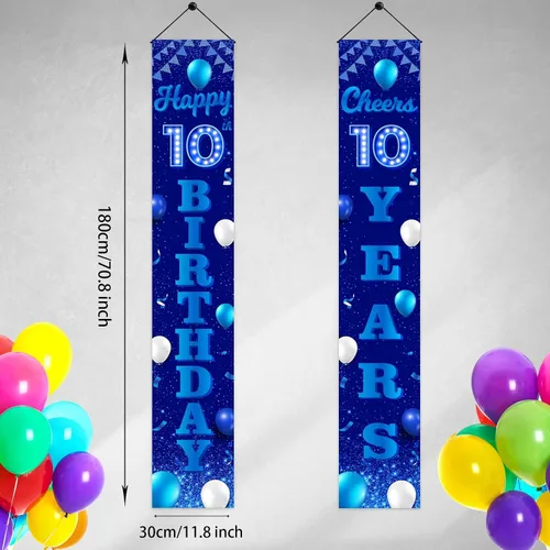 Miniatura 2 de Cartel de feliz cumpleaños número 10 color azul y negro, decoración temática de globos de confeti para niñas de 10 años, suministros de cumpleaños