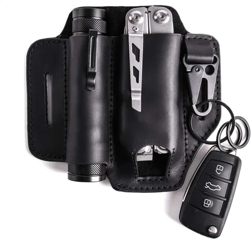 Gentlestache Funda de cuero para Leatherman Multitool - Organizador de bolsillo EDC con soporte para llaves y funda de linterna, color negro