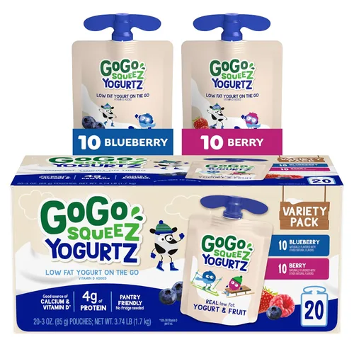 GoGo squeeZ yogurtZ Paquete Variado, Arándano y Baya, 3 oz (Paquete de 20), Aperitivos para Niños Hechos de Yogur Real y Fruta, No Necesita