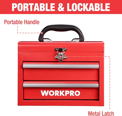 Miniatura 3 de WORKPRO Caja de herramientas portátil mini, caja de herramientas metálica con 2 cajones y rodamientos de bolas, almacenamiento superior con cierre