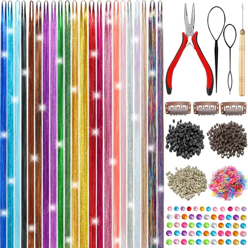 Kit de oropel para el cabello, 22 colores, 8200 hebras de extensiones de cabello de oropel con purpurina para fiesta, festival, 4 de julio,