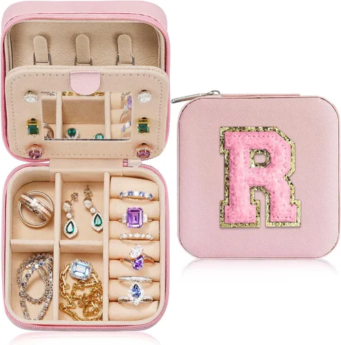 Joyero pequeño para niñas, joyero con inicial de viaje para niñas Caja organizadora de joyas pequeña Joyero de viaje organizador de joyero Mini