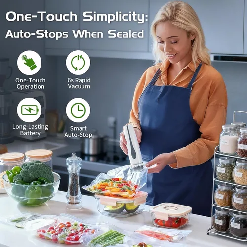 Miniatura 2 de Sellador al vacío compacto, sellador de alimentos portátil de mano con 30 bolsas reutilizables, mini máquina de sellado al vacío recargable