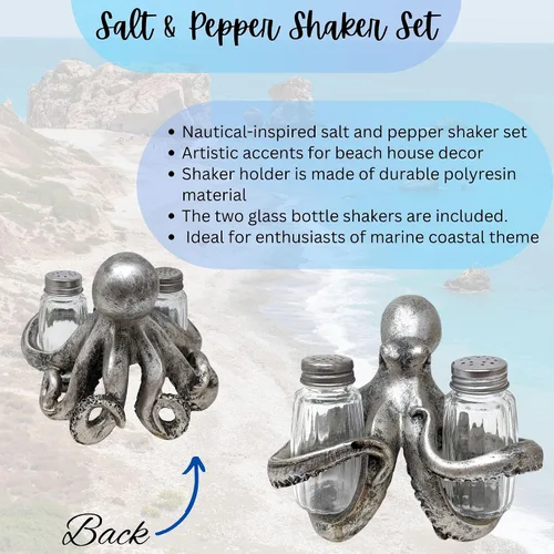 Miniatura 2 de BestGiftEver Juego de salero y pimentero náutico con soporte de pulpo plateado, decoración temática de playa, para entusiastas de la decoración