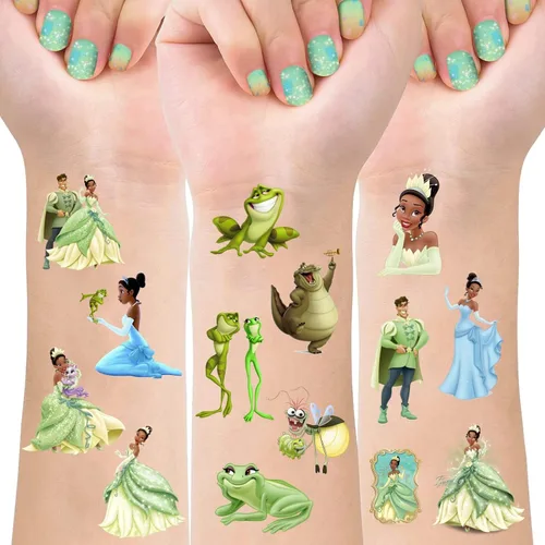 8 hojas de tatuajes temporales de princesa Tiana para suministros de fiesta, tatuajes temporales de princesa y rana para decoraciones de fiesta de