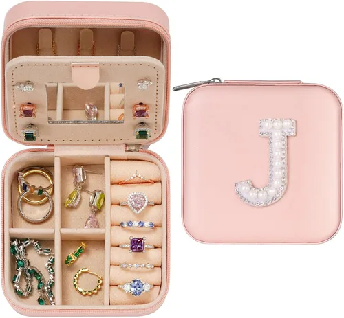 Regalos de viaje para ella, estuche de joyería de viaje, estuche de joyería con inicial J Pequeño organizador de joyas de viaje Organizador de