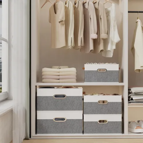 Miniatura 4 de Yawinhe Cestas de almacenamiento de tela, organizador plegable de armario para estantes, cajas grandes con 3 asas, contenedores de lona para ropa