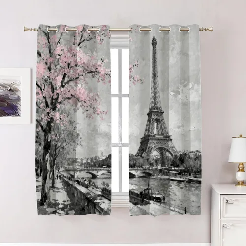 Miniatura 115 de Cortinas opacas de cocina con pintura al óleo de Europa rosa y negra para ventanas, cenefas opacas modernas de torre Eiffel de poliéster multicapa