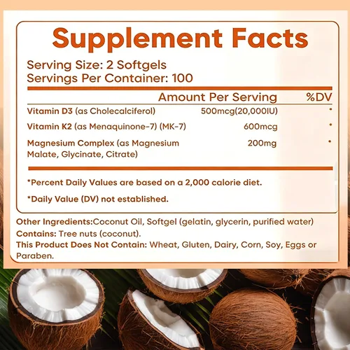 Miniatura 10 de Vitamina D3 K2 de 10000 UI, extra fuerte Wellness D3K2 con triple magnesio y aceite de coco para una máxima absorción, apoya la salud ósea e