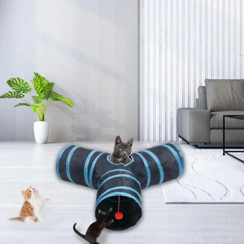 Miniatura 6 de Túnel para gatos, tubos de juguete, túneles para gatos de interior, juguete interactivo plegable de 3 vías en azul con bolas para conejos, gatitos