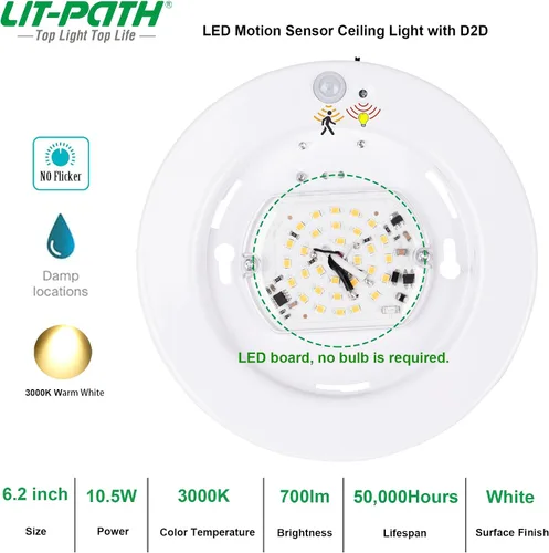 Miniatura 3 de LIT-PaTH Lámpara LED de techo empotrada, accesorio de iluminación de armario con sensor de movimiento y del atardecer al amanecer, 10.5 W, 800