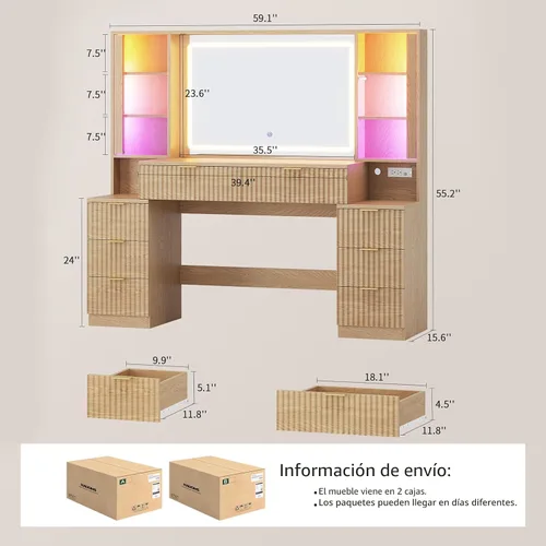 Miniatura 3 de HAUOMS Big Vanity, escritorio de maquillaje de madera estriada con espejo y luces LED de sincronización de sonido, tocador grande, 8 cajones, Roble