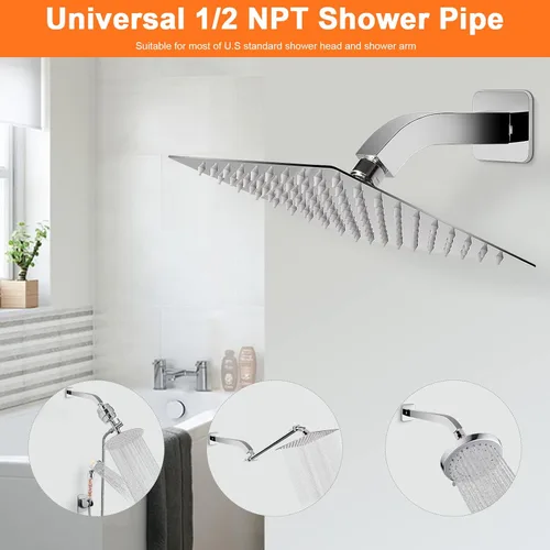 Miniatura 4 de Brazo de ducha con brida y cinta de teflón, tubo de ducha cuadrado montado en la pared, brazo de extensión de acero inoxidable 304 para cabezal