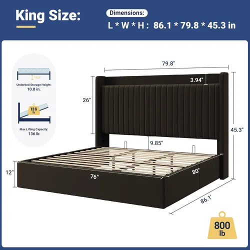 Miniatura 2 de Allewie Base de cama de almacenamiento elevable, tamaño King, cabecera de estante de almacenamiento con estación de carga, puertos tipo C y USB