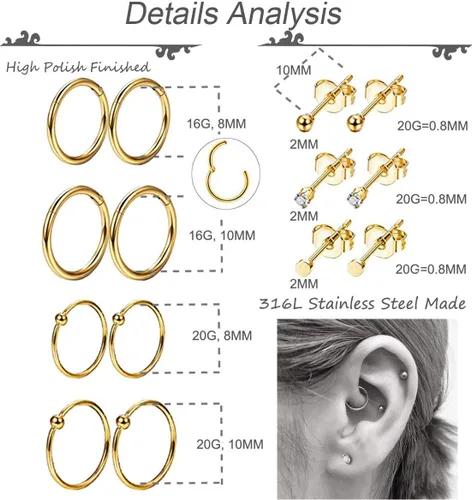 Miniatura 5 de 10 pares de aretes de acero inoxidable para cartílago, para hombres y mujeres