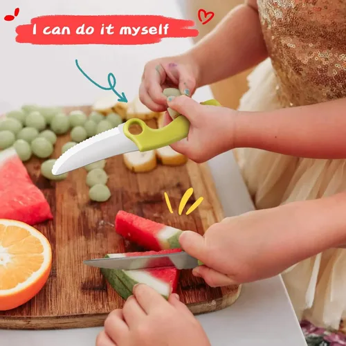 Miniatura 5 de Juego de cuchillos para niños para cocina real con anillo educativo, delantal ajustable y sombrero de chef, cuchillo de entrenamiento para niños