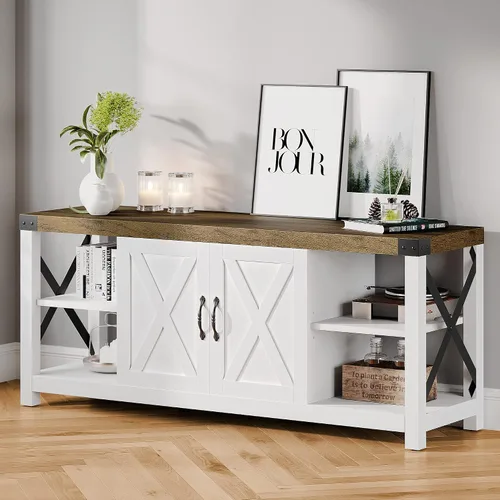 Miniatura 9 de IDEALHOUSE Soporte de TV blanco de 59 pulgadas para TV de hasta 65 pulgadas, gabinete de TV de madera de granja, centro de entretenimiento