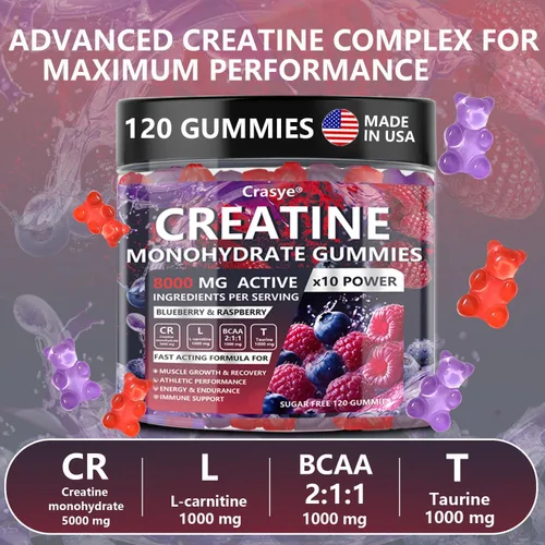 Miniatura 3 de Gomitas de monohidrato de creatina de 5000 mg para hombres y mujeres, gomita de creatina con taurina BCAA para apoyo energético y fuerza muscular