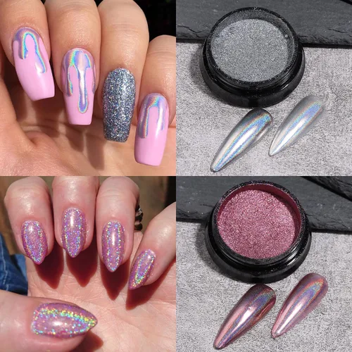 Miniatura 6 de Polvo de uñas cromado camaleón, 10 cajas de polvo cromado Aurora rosa morado, polvo de uñas holográfico dorado y plateado, pigmento espejo metálico