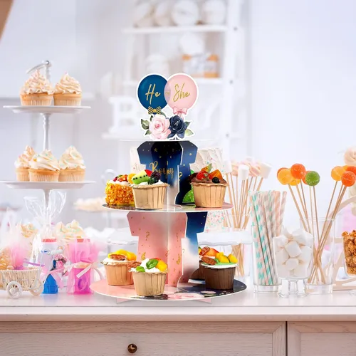Miniatura 7 de Faccito Decoración de soporte para cupcakes para fiesta de revelación de género, azul y rosa de 3 niveles para baby shower, suministros de cartón