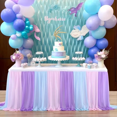 Miniatura 9 de Falda de mesa de tul de sirena azul rosa púrpura con rayas para mesas rectangulares Frozen Baby Shower Fiestas de cumpleaños de sirena Decoración 6