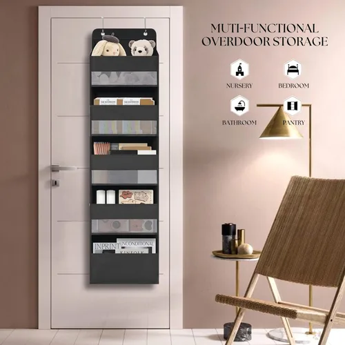 Miniatura 6 de TYMENSH Organizador para colgar sobre puerta con 5 bolsillos grandes, organizador de almacenamiento resistente para colgar, armario, baño, Negro