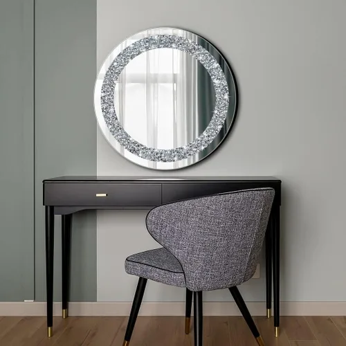 Miniatura 3 de Espejo Redondo Plateado Brillante Crystal Crush con Diamantes para Decoración de Pared 20x20x1 pulgadas para Colgar en Pared sin Marco Bling