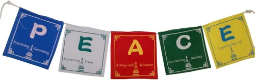 Juego de 5 banderas de oración de la paz en inglés de 5 x 5 pulgadas. Cinco colores tradicionales tibetanos que son amarillo, verde, rojo, blanco y