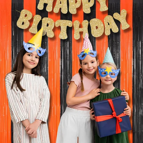 Miniatura 6 de BRAVESHINE Cortinas de fondo de fotos de oropel – Paquete de 2 cortinas de flecos de papel de aluminio negro y naranja de 3.2 x 8.2 pies para Negro