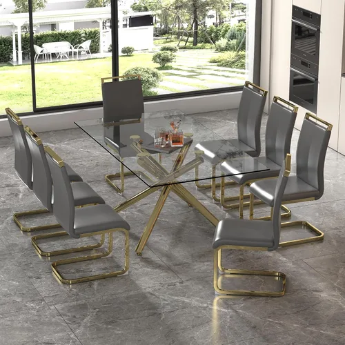 Miniatura 24 de Juego de 8 mesas de comedor de cristal, moderno juego de mesa de comedor de 71 pulgadas con 8 sillas de comedor tapizadas de piel sintética