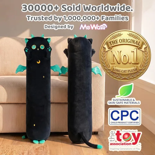 Miniatura 2 de Mewaii Peluche de gato largo, 5 tamaños, 120% relleno extra, almohada gigante para el cuerpo de los niños, lindo peluche Kawaii de ojos grandes