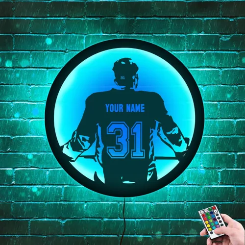 Miniatura 9 de Arte de pared de hockey con nombre y número personalizado, letrero de metal personalizado para jugador de hockey con luz LED, letrero de neón