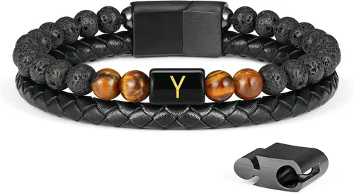 Miniatura 11 de LUXEJEW Regalo Navidad para hombre, brazalete de cuero con cuentas, con letra inicial nombre, 15/64 de pulgada, ágata mate, hecho a mano, ajustable