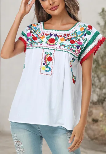 Miniatura 8 de YZXDORWJ Blusa tradicional colorida con encaje bordado mexicano para mujer, camiseta tricolor para el día de la independencia mexicana