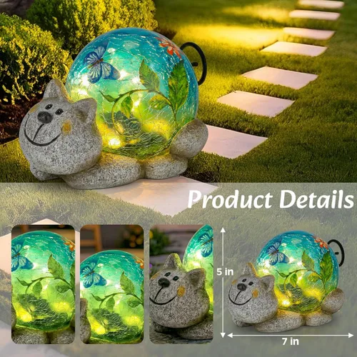 Miniatura 2 de Afirst Estatuas solares de jardín para exteriores, adorno de césped de gato con luces solares de vidrio agrietado, decoración al aire libre