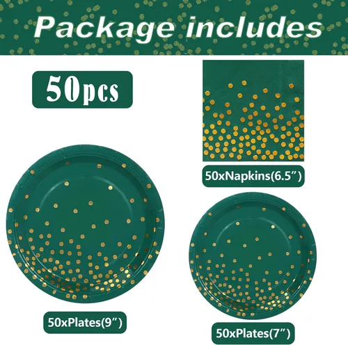 Miniatura 3 de 150 piezas de decoraciones de fiesta verdes y doradas, platos verdes y servilletas, suministros de fiesta para 50 invitados, platos de papel